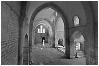 Church transept, Cistercian Abbey of Fontenay. Burgundy, France (black and white)