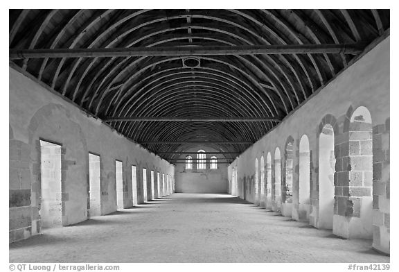 Dormitory, Cistercian Abbey of Fontenay. Burgundy, France (black and white)