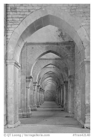 Row of arches, Abbaye de Fontenay. Burgundy, France (black and white)