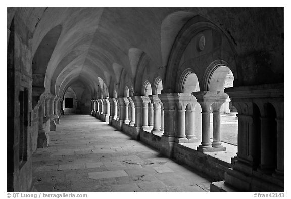 Cloister, Cistercian Abbey of Fontenay. Burgundy, France (black and white)