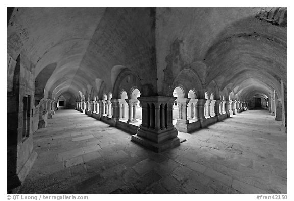 Wide view of cloister galleries, Fontenay Abbey. Burgundy, France (black and white)