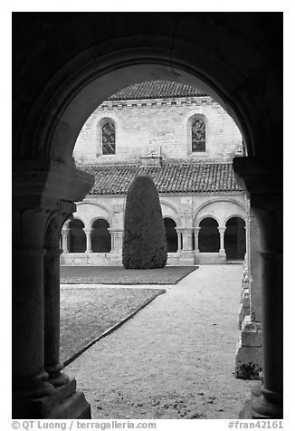 Garden seen from cloister, Abbaye de Fontenay. Burgundy, France (black and white)