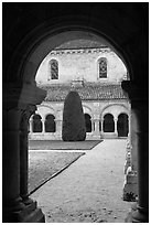 Garden seen from cloister, Abbaye de Fontenay. Burgundy, France (black and white)