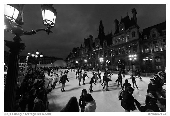 Skating rink by night, Hotel de Ville. Paris, France (black and white)