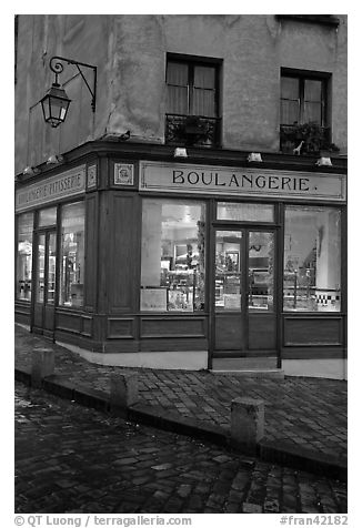 Boulangerie at dusk, Montmartre. Paris, France (black and white)