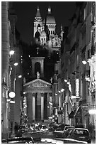 Street, Notre-Dame de Lorette Church, and Sacre-Coeur basilica, Montmartre. Paris, France (black and white)