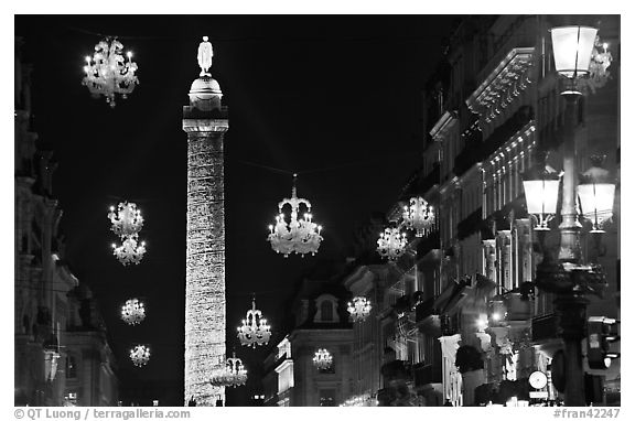 Christmas lights and Place Vendome column by night. Paris, France (black and white)