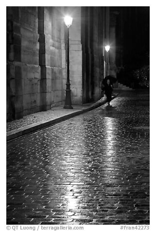 Street lamps reflected in wet pavement, with woman walking. Paris, France