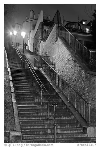 Looking up stairway by night, Montmartre. Paris, France (black and white)