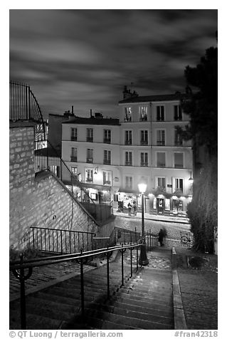 Looking down stairway by night, Montmartre. Paris, France (black and white)