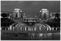 Palais de Chaillot and fountains at night. Paris, France (black and white)