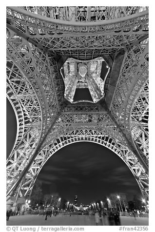 Eiffel Tower from below and Champs de Mars at night. Paris, France (black and white)