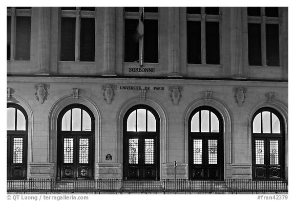 Main entrance of Sorbonne University. Quartier Latin, Paris, France (black and white)