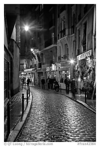 Cobblestone street with restaurants by night. Quartier Latin, Paris, France (black and white)