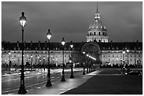 Street lights, Esplanade, and Les Invalides by night. Paris, France (black and white)