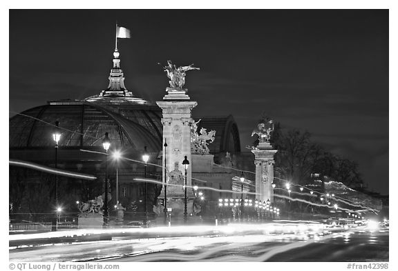 Petit Palais and trafic across Alexandre III bridge by night. Paris, France