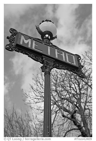 Metro sign and sky. Paris, France (black and white)