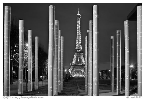 Memorial with word peace written on 32 columns in 32 languages. Paris, France (black and white)