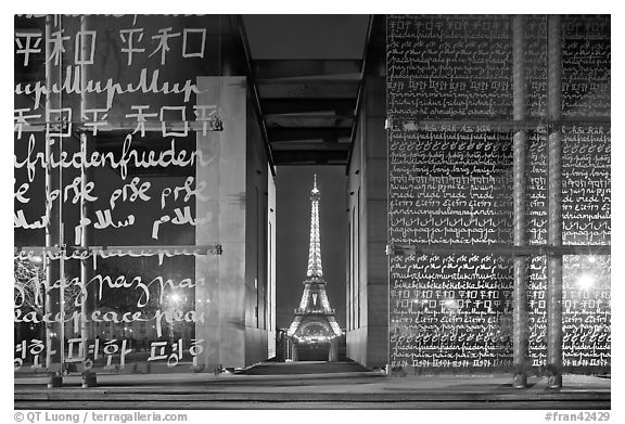 Monument to Peace framing the Eiffel Tower at night. Paris, France (black and white)