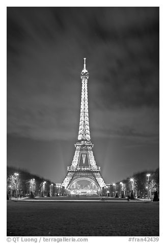 Lawns of Champs de Mars and Eiffel Tower at night. Paris, France (black and white)