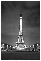 Lawns of Champs de Mars and Eiffel Tower at night. Paris, France (black and white)