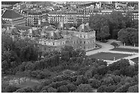 Senate and Luxembourg gardens from above. Quartier Latin, Paris, France (black and white)