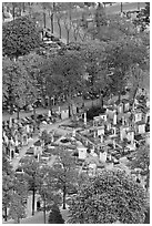 Aerial view of Montparnasse Cemetery. Paris, France (black and white)