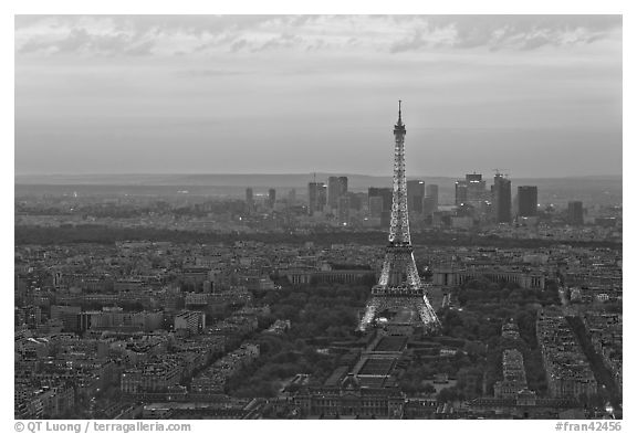 Eiffel Tower, Champs de Mars, La Defense at sunset. Paris, France