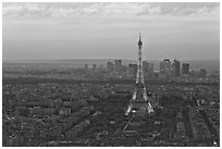 Eiffel Tower, Champs de Mars, La Defense at sunset. Paris, France (black and white)