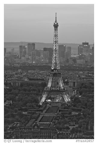 Eiffel Tower, Champs de Mars, La Defense seen from Tour Montparnasse. Paris, France (black and white)