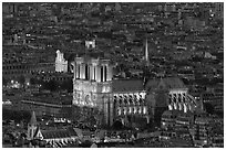 Notre-Dame de Paris Cathedral from above at night. Paris, France ( black and white)