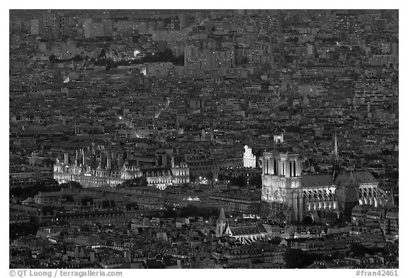 Aerial night view with Notre-Dame and Hotel de Ville. Paris, France