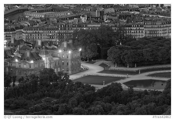 Aerial night view of Jardin du Luxembourg and Senate. Quartier Latin, Paris, France