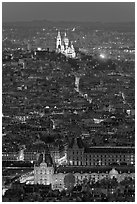 Aerial view with Louvre and Montmartre at night, Montmartre. Paris, France (black and white)