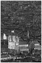 Aerial view of Notre-Dame de Paris Cathedral at night. Paris, France ( black and white)