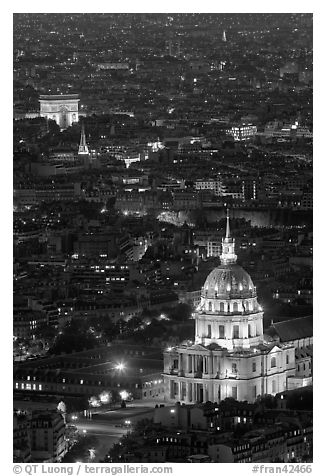 Invalides and Arc de Triomphe at night. Paris, France (black and white)