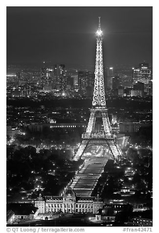 Ecole Militaire and Eiffel Tower seen from above at night. Paris, France (black and white)