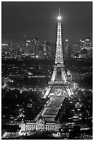 Ecole Militaire and Eiffel Tower seen from above at night. Paris, France (black and white)