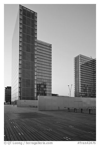 Towers of the French National Library at sunset. Paris, France (black and white)