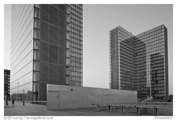 Towers of the  Bibliotheque Nationale de France at sunset. Paris, France (black and white)