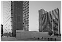 Towers of the  Bibliotheque Nationale de France at sunset. Paris, France (black and white)