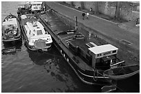 Barges and quay, Seine River. Paris, France (black and white)