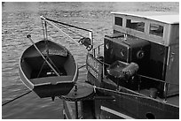 Rowboat on the rear of peniche. Paris, France (black and white)