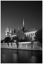 Notre Dame Cathedral and Seine River at twilight. Paris, France (black and white)