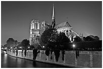 Seine River and Notre Dame de Paris at night. Paris, France (black and white)
