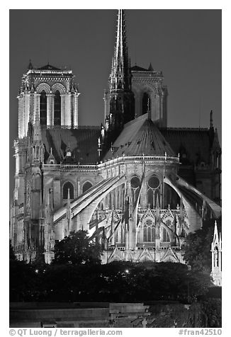 Chevet (head) and buttresses of Notre-Dame by night. Paris, France (black and white)