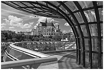 Curvy modern structure framing the church of Saint-Eustache. Paris, France (black and white)