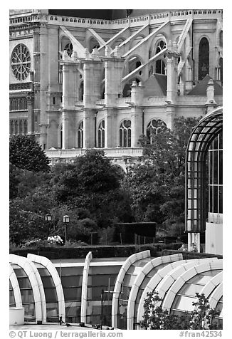 Detail of Forum des Halles and Saint-Eustache church. Paris, France (black and white)