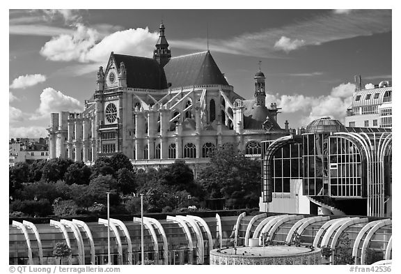 New and old architecture of Forum des Halles and  Saint-Eustache. Paris, France (black and white)