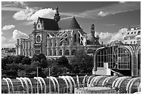 New and old architecture of Forum des Halles and  Saint-Eustache. Paris, France (black and white)